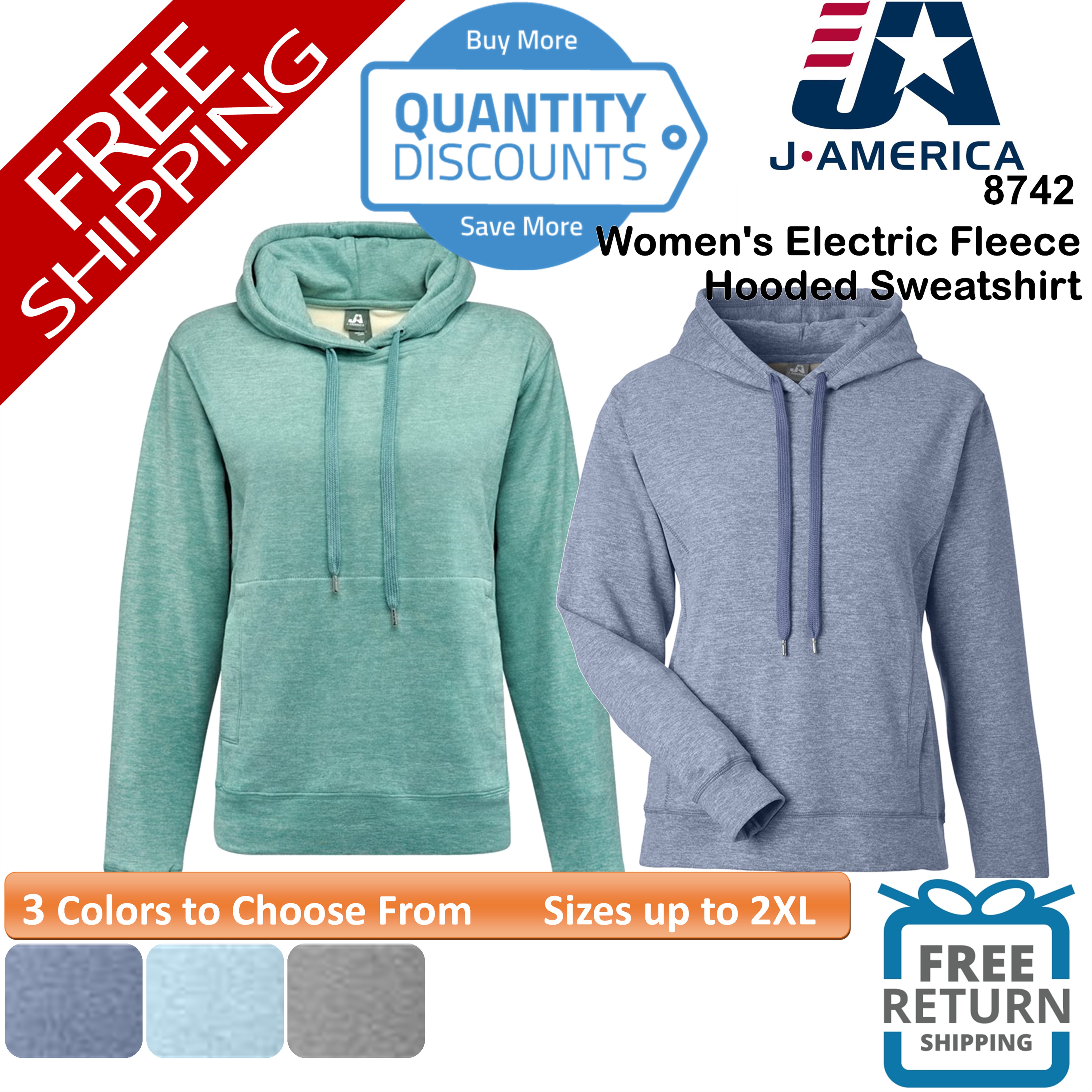 🔥 J. America Men Electric Fleece Hooded Sweatshirt Classic fit Up