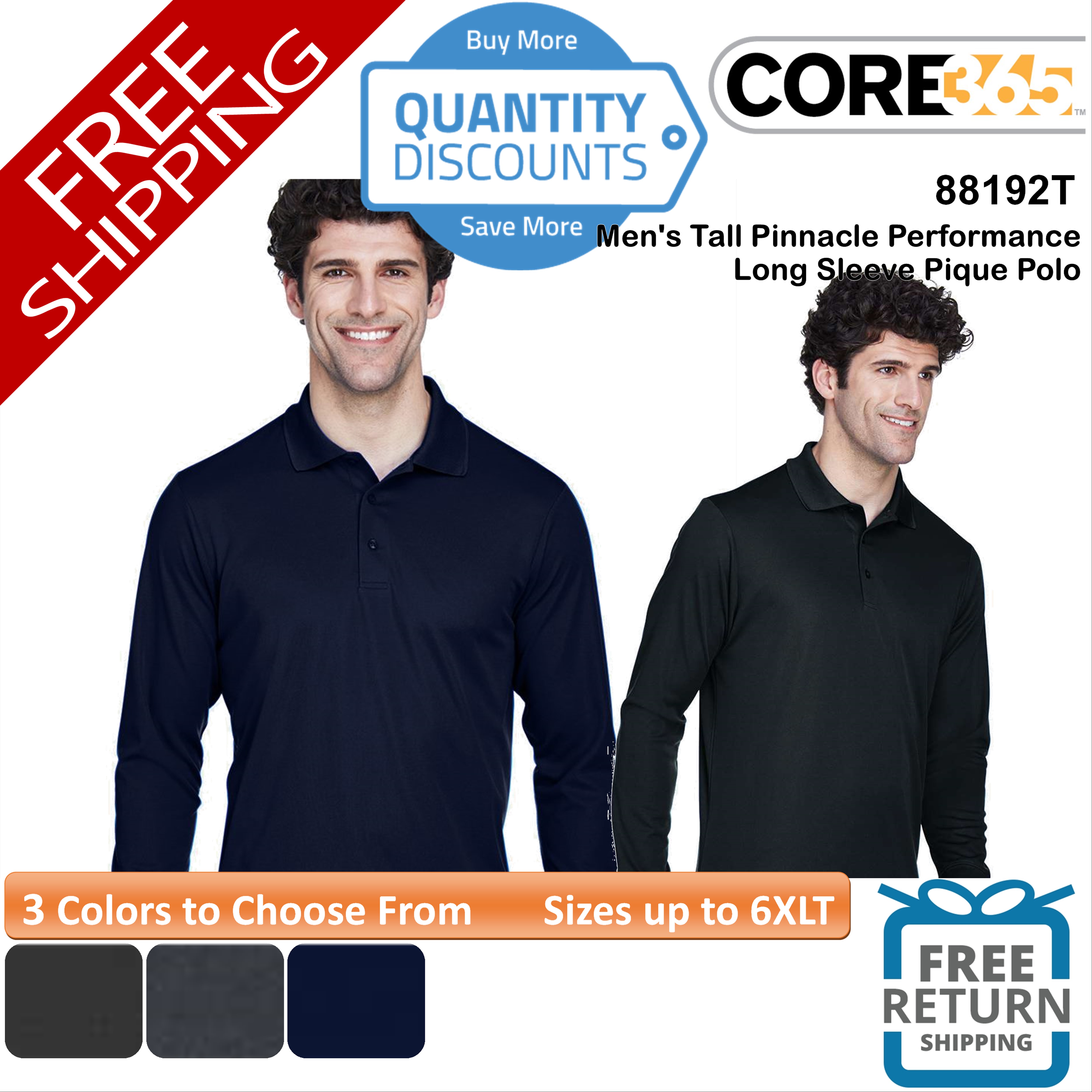 🔥 CORE365 Men's Pinnacle Long Sleeve Pique Polo Pocket Up To 5XL